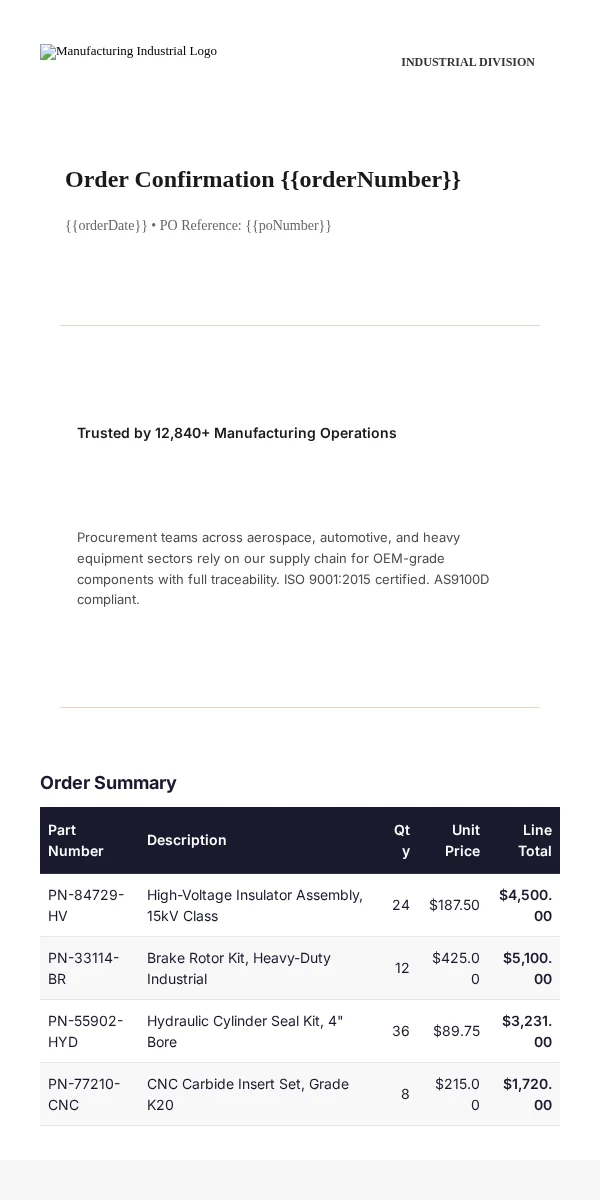 Receipt Email Template for Manufacturing Industrial