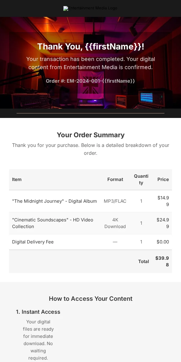 Receipt Email Template for Entertainment Media