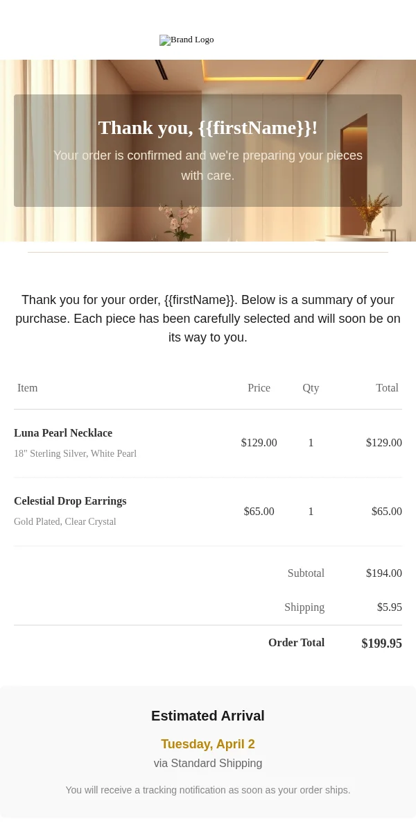 Receipt Email Template for Jewelry Accessories