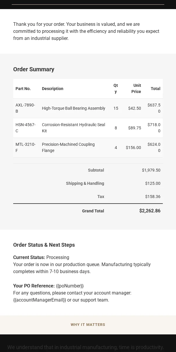 Receipt Email Template for Manufacturing Industrial