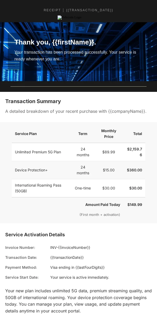 Receipt Email Template for Telecommunications