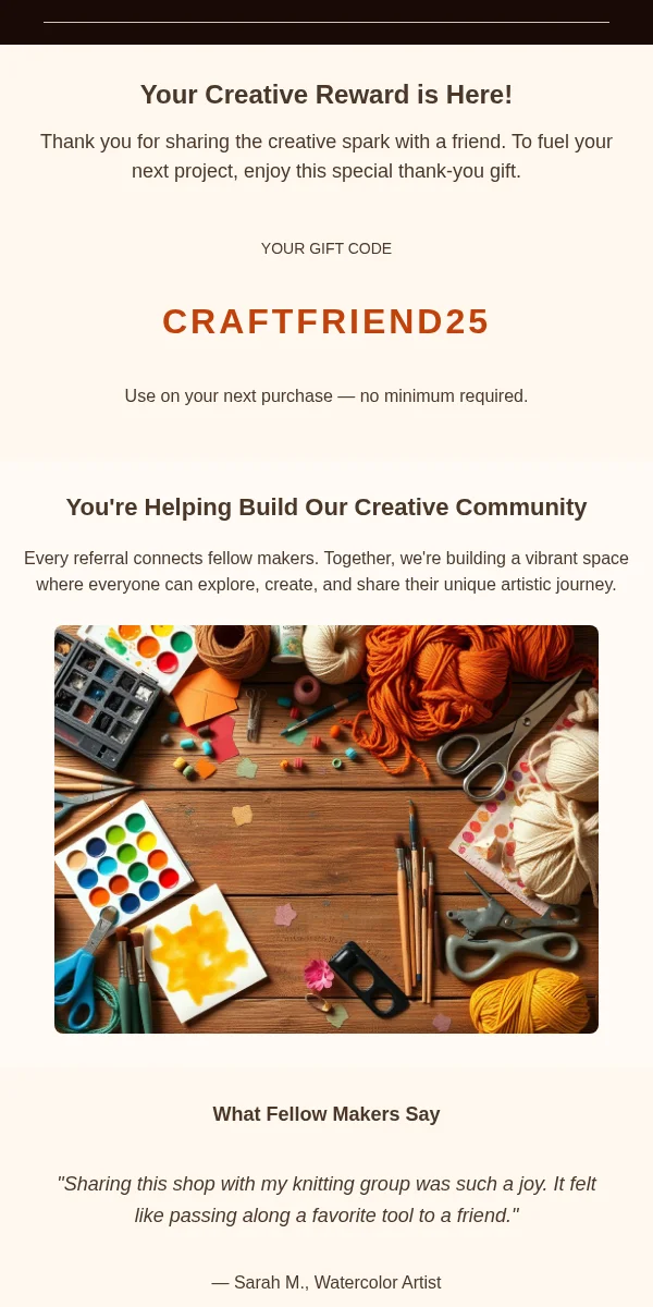 Referral Thank You Email Template for Arts Crafts