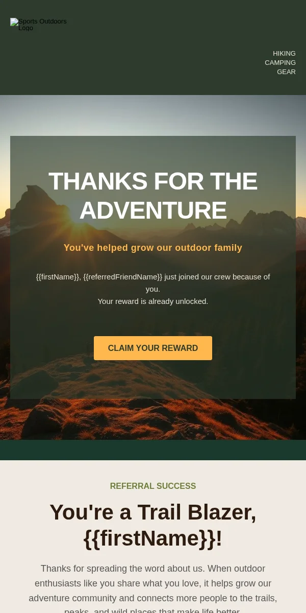 Referral Thank You Email Template for Sports Outdoors