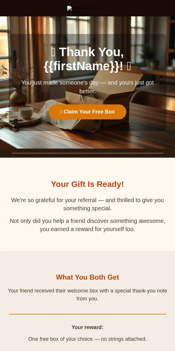 Referral Thank You Email Template for Subscription Boxes