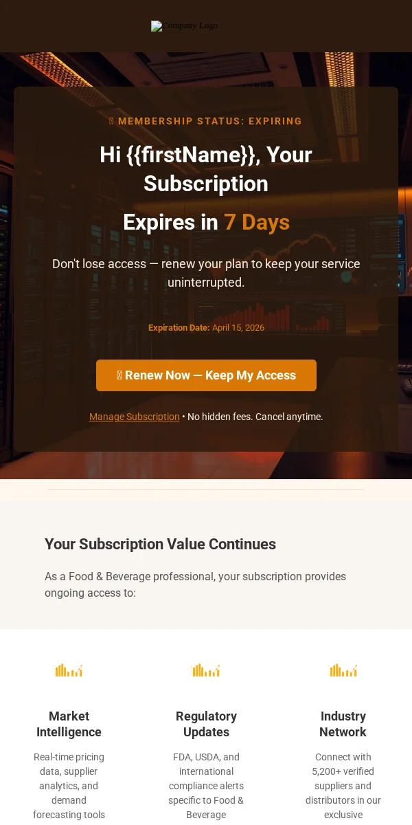 Renewal Reminder Email Template for Food Beverage