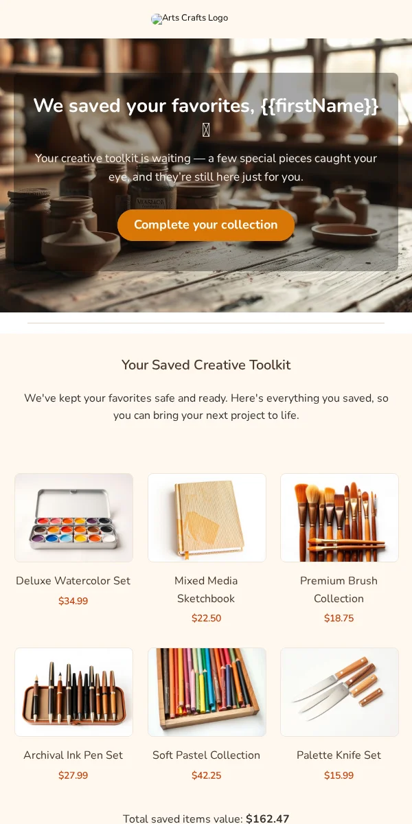 saved items reminder email template for arts & crafts