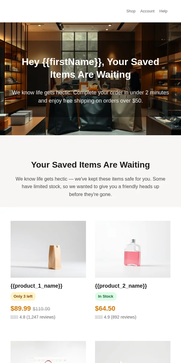 Saved Items Reminder Email Template for Ecommerce Retail