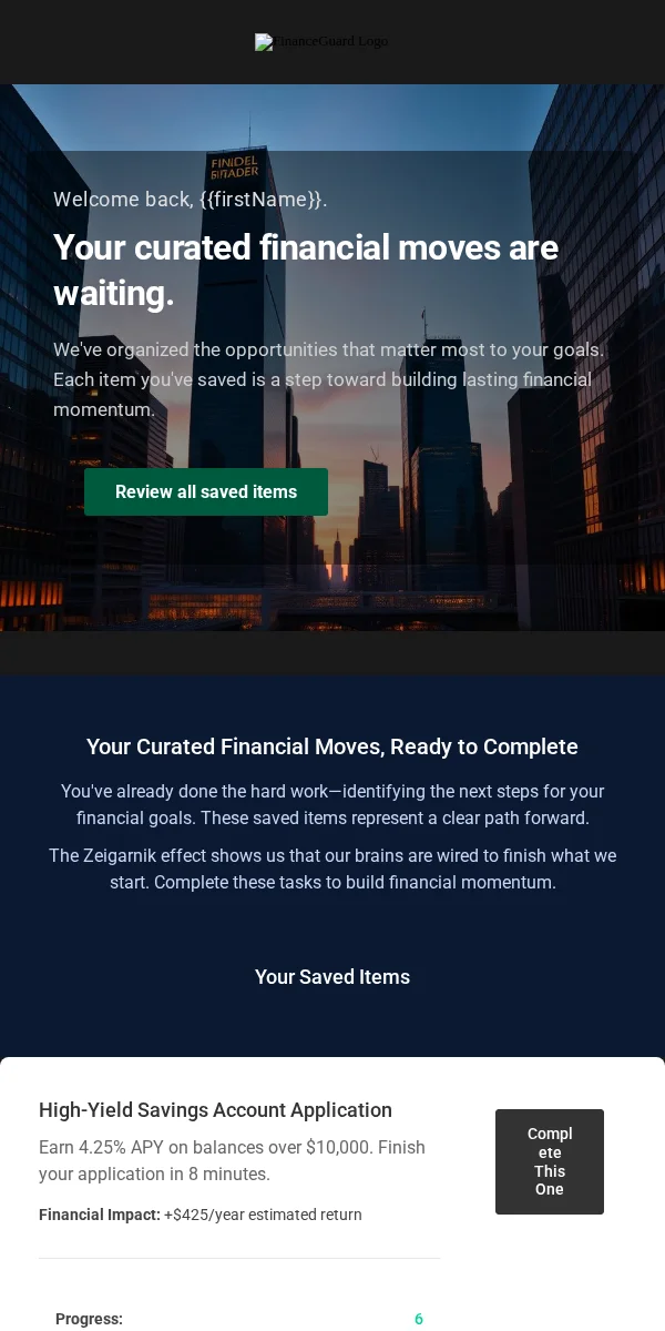 saved items reminder email template for financial services