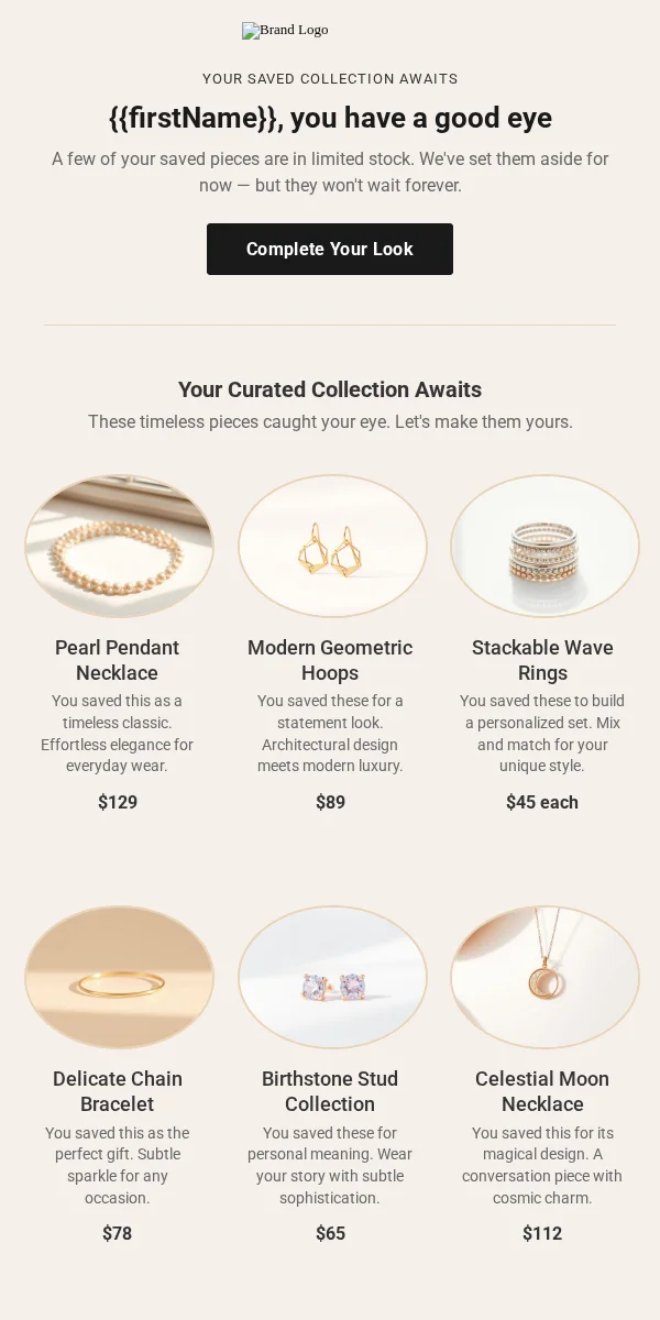 saved items reminder email template for jewelry brands