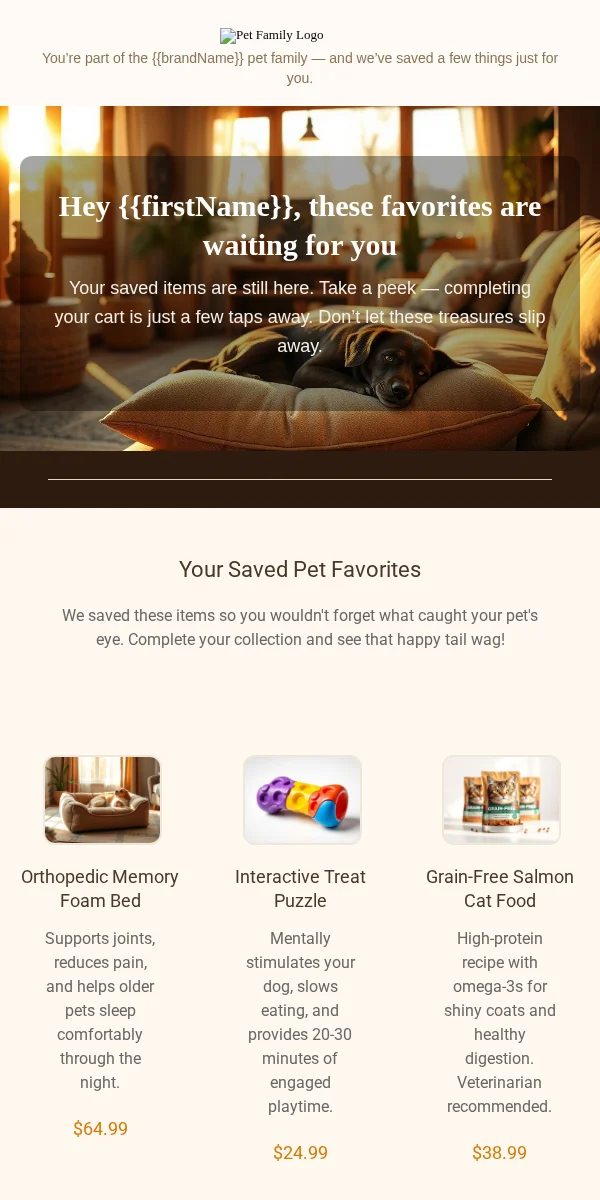 saved items reminder email template for pet businesses