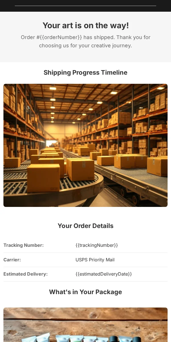 shipping notification email template for arts & crafts