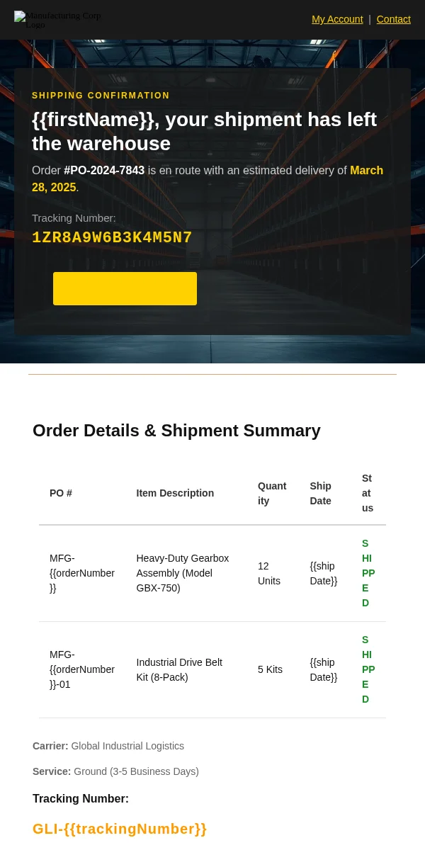 Shipping Notification Email Template for Manufacturing Industrial