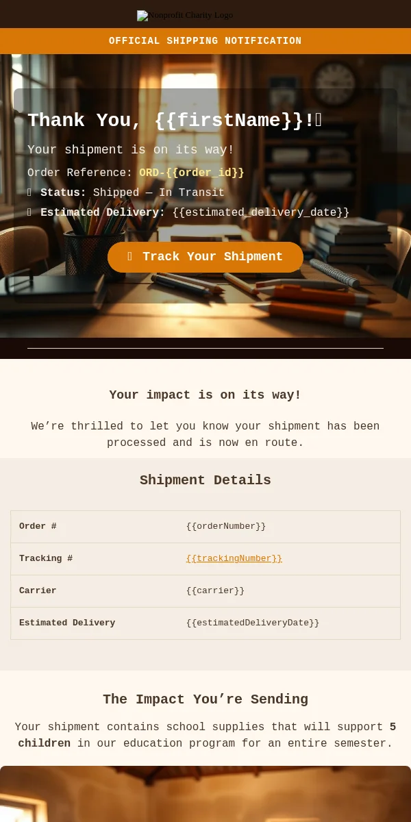 Shipping Notification Email Template for Nonprofit Charity