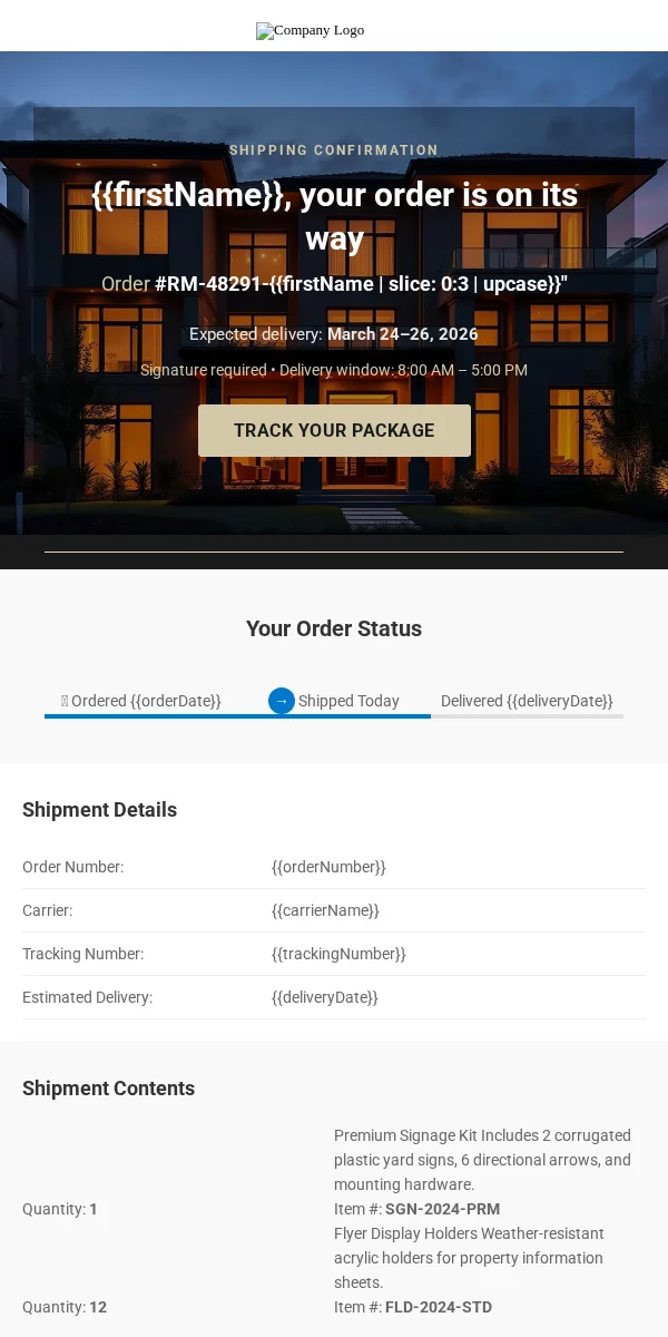 Shipping Notification Email Template for Real Estate