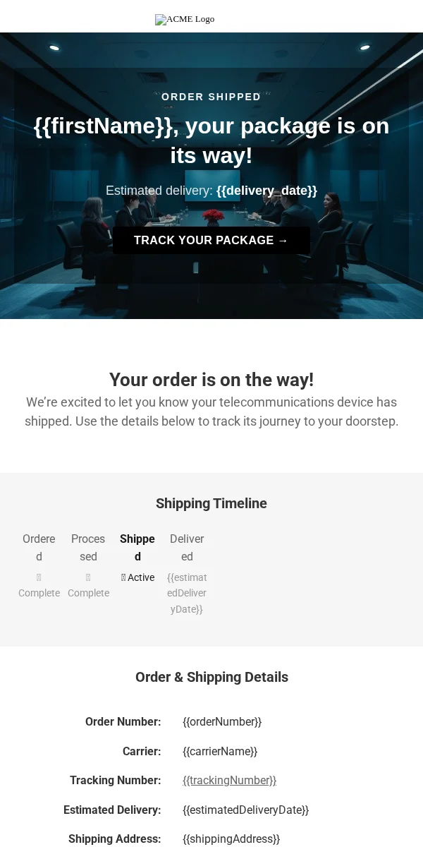 Shipping Notification Email Template for Telecommunications
