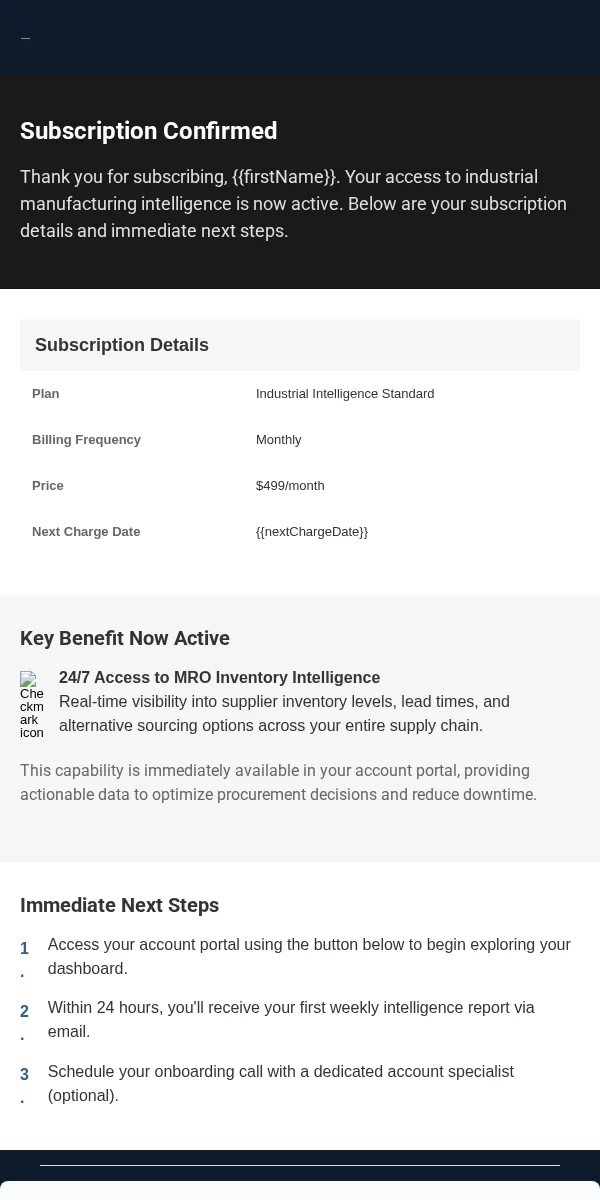 Subscription Confirmation Email Template for Manufacturing Industrial