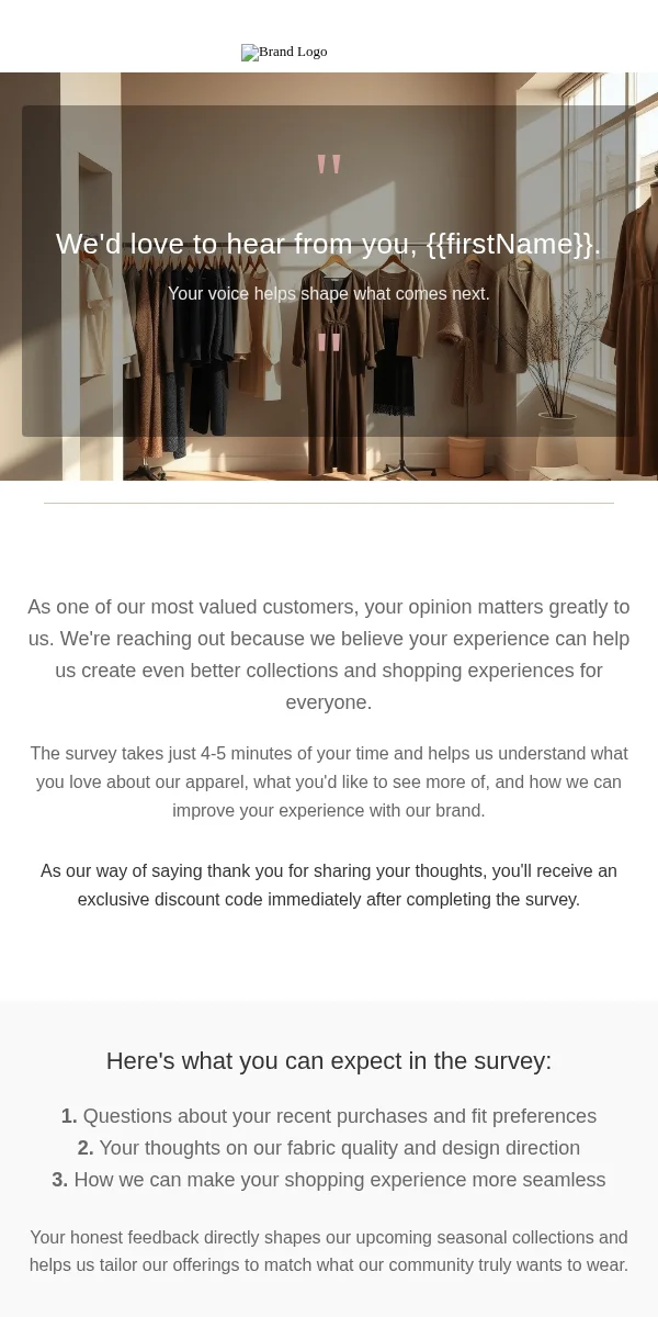 Survey Feedback Email Template for Apparel Fashion