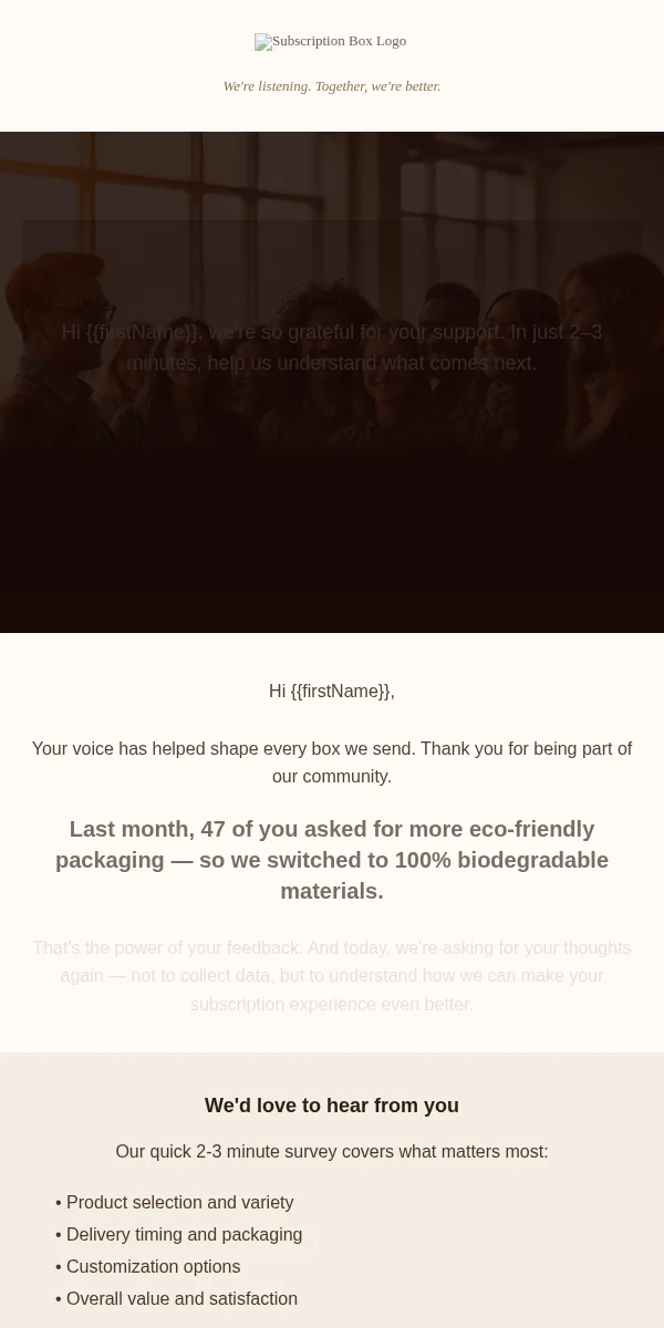 Survey Feedback Email Template for Subscription Boxes