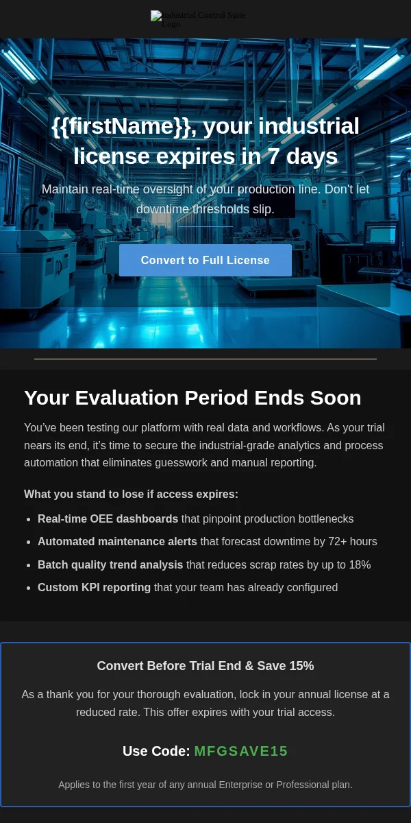 Trial Expiring Email Template for Manufacturing Industrial