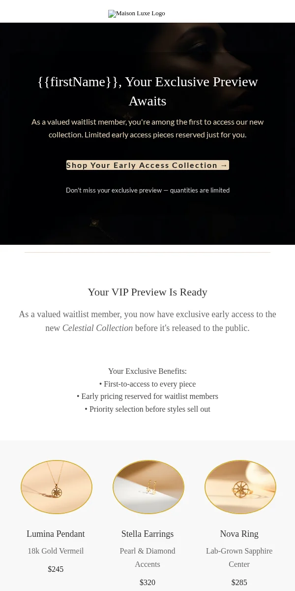 waitlist notification email template for jewelry brands